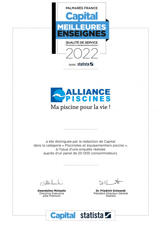 Le certificat Capital des meilleures enseignes décerné à Alliance Piscines