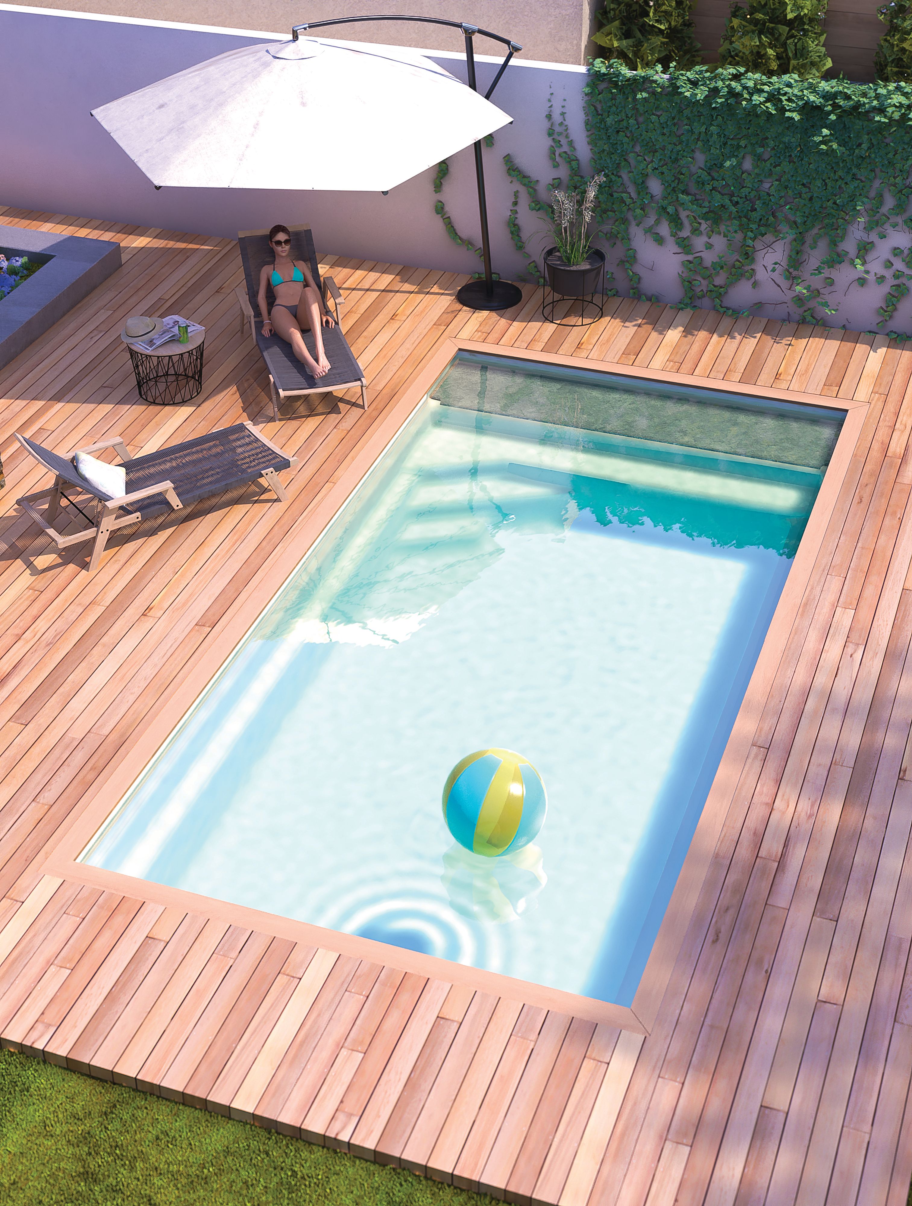 La piscine coque en polyester avec volet intégré sous plage de Piscines Ibiza