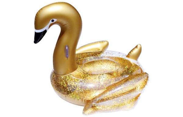 Bouee gonflable en forme de cygne doré avec paillettes