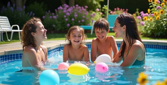 Une famille dans une petite piscine
