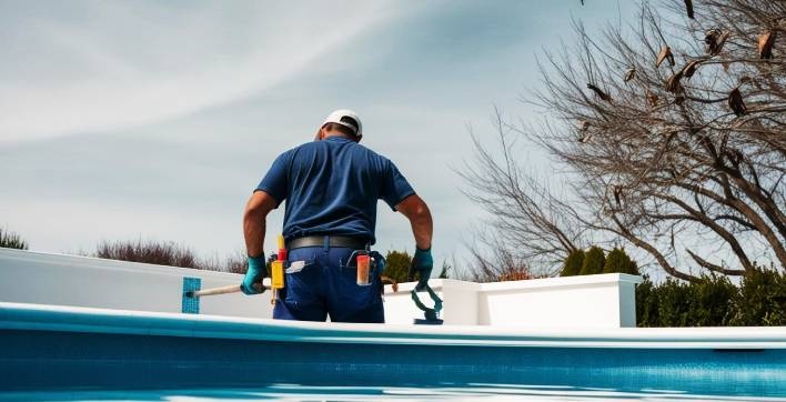 Une pisciniste travaillant sur la rénovation d'une piscine