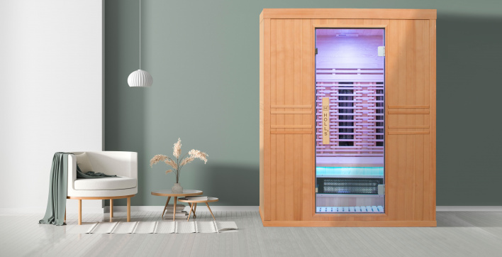 Un cabine sauna infrarouge avec panneaux tactiles de commande